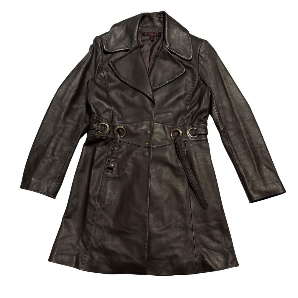 Via Spiga Leather Jacket Women Small Brown Belted Grommet Trench Coat